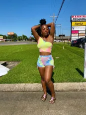 Fashion Printed One Shoulder T-shirt Shorts Two Piece Set MAE-2045