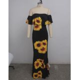 Floral Print Slash Neck Slim Maxi Dress SMR-9274
