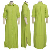 Solid Long Sleeve Button Maxi Shirt Dress SMR-9620