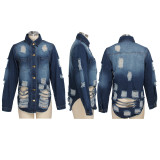 Casual Ripped Hole Button Long Denim Coats SMR-9625