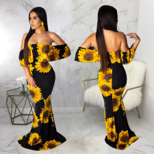 Floral Print Slash Neck Slim Maxi Dress SMR-9274