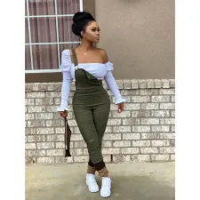 Solid Ruched Strap One Piece Stacked Jumpsuits LP-6220