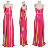 Colorful Stripe Sashes Loose Long Slip Dress SMR-9304
