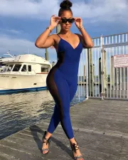 Sexy Mesh Patchwork Strap Skinny Jumpsuits MEM-8288
