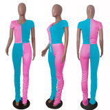Contrast Color Short Sleeve Split Leg Ruched Pants Suit MDF-5124