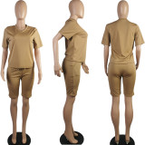 Casual Solid V Neck Two Piece Shorts Set TK-6065