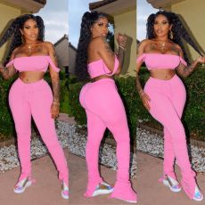 Solid Crop Top Split Stacked Pants Sexy 2 Piece Sets YIM-8095