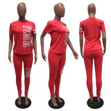 Plus Size Pink Letter Print Short Sleeve Two Piece Pants Set YIM-8101-1