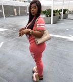 Plus Size Pink Letter Print Short Sleeve Two Piece Pants Set YIM-8101-1