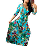 Plus Size 5XL Printed V Neck Bohemia Maxi Dress XMY-9025