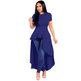 Plus Size Solid Ruffled Irregular High Low Long Dress XMY-9033