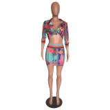 Floral Print Blouse Top Mini Skirt Two Piece Sets XMY-9064