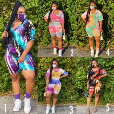 Plus Size 5XL Tie Dye T Shirt Shorts 2 Piece Sets Without Mask XMY-9237