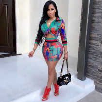Floral Print Blouse Top Mini Skirt Two Piece Sets XMY-9064