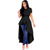 Plus Size Solid Ruffled Irregular High Low Long Dress XMY-9033