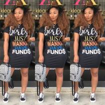 Letter Print Short Sleeve Slim Mini Dress XMY-9003