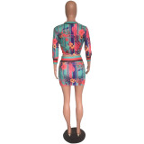 Floral Print Blouse Top Mini Skirt Two Piece Sets XMY-9064