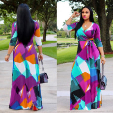 Plus Size 5XL Printed V Neck Bohemia Maxi Dress XMY-9025