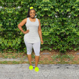 Plus Size 5XL Striped Tank Top Knee Length Pants Set XMY-9244