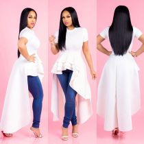 Plus Size Solid Ruffled Irregular High Low Long Dress XMY-9033