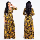 Plus Size 5XL Printed V Neck Bohemia Maxi Dress XMY-9025