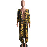 Plus Size Printed Long Cloak+Pants Two Piece Suits XMY-9041