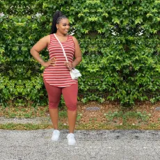 Plus Size 5XL Striped Tank Top Knee Length Pants Set XMY-9244