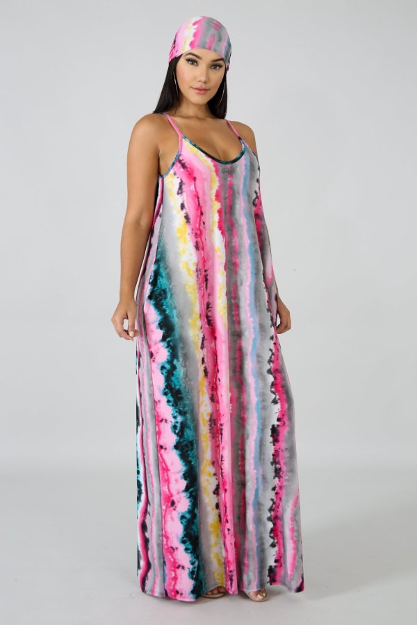 Colorful Striped Sashes Loose Maxi Slip Dress XMY-9034