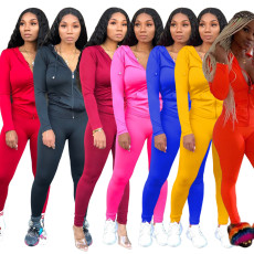 Solid Zipper Hoodies Tight Pants Two Piece Sets XMY-9179
