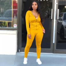 Solid Zipper Hoodies Tight Pants Two Piece Sets XMY-9179