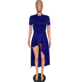 Plus Size Solid Ruffled Irregular High Low Long Dress XMY-9033