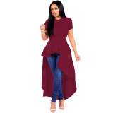 Plus Size Solid Ruffled Irregular High Low Long Dress XMY-9033