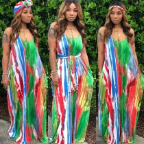 Tie Dye Print Loose Maxi Slip Dress With Headscarf XMY-9183