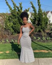 Sexy Striped Backless Strappy Maxi Dress XMY-9243