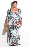 Plus Size 6XL Floral Print V Neck Bohemia Maxi Dress XMY-9026
