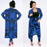 Plus Size Printed Long Cloak+Pants Two Piece Suits XMY-9041