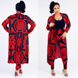 Plus Size Printed Long Cloak+Pants Two Piece Suits XMY-9041