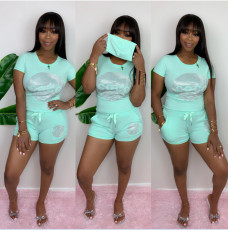 Letter Print Short Sleeve Casual Two Piece Shorts Set YIM-8122