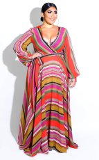 Plus Size 6XL Floral Print V Neck Bohemia Maxi Dress XMY-9026