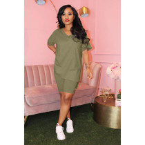 Solid V Neck T Shirt Shorts Two Piece Sets XMY-9239