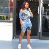 Tie Dye Print Oblique Shoulder Two Piece Shorts Set XMY-9235