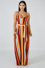 Colorful Striped Sashes Loose Maxi Slip Dress XMY-9034