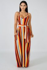 Colorful Striped Sashes Loose Maxi Slip Dress XMY-9034