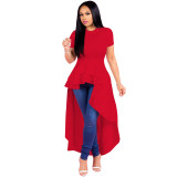 Plus Size Solid Ruffled Irregular High Low Long Dress XMY-9033