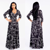 Plus Size 5XL Printed V Neck Bohemia Maxi Dress XMY-9025