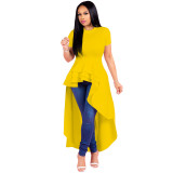 Plus Size Solid Ruffled Irregular High Low Long Dress XMY-9033