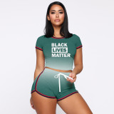 Plus Size Letter Print Gradient Two Piece Shorts Set MDF-5139