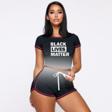 Plus Size Letter Print Gradient Two Piece Shorts Set MDF-5139