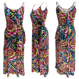 Tie Dye Print Loose Maxi Slip Dress With Headscarf XMY-9183