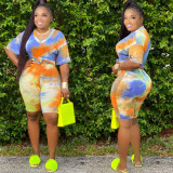 Plus Size 5XL Tie Dye V Neck Two Piece Shorts Set XMY-9250